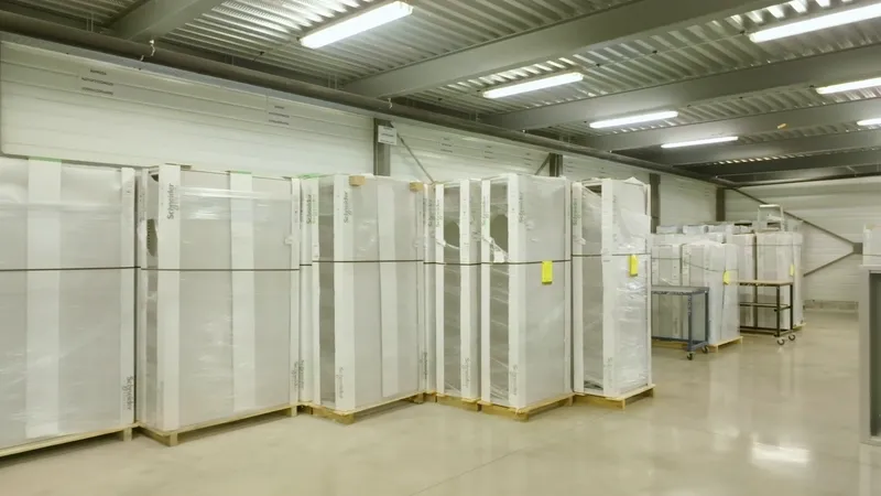 Armoires terminées, emballées sous film, prêtes à partir.